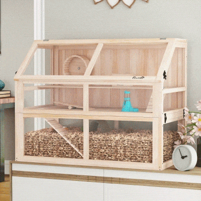 PawHut Houtenen hamsterskooi 3 verdiepingen knaagdierkooi met wip, looprad en huisje 95 x 53 x 76 cm natuurhout